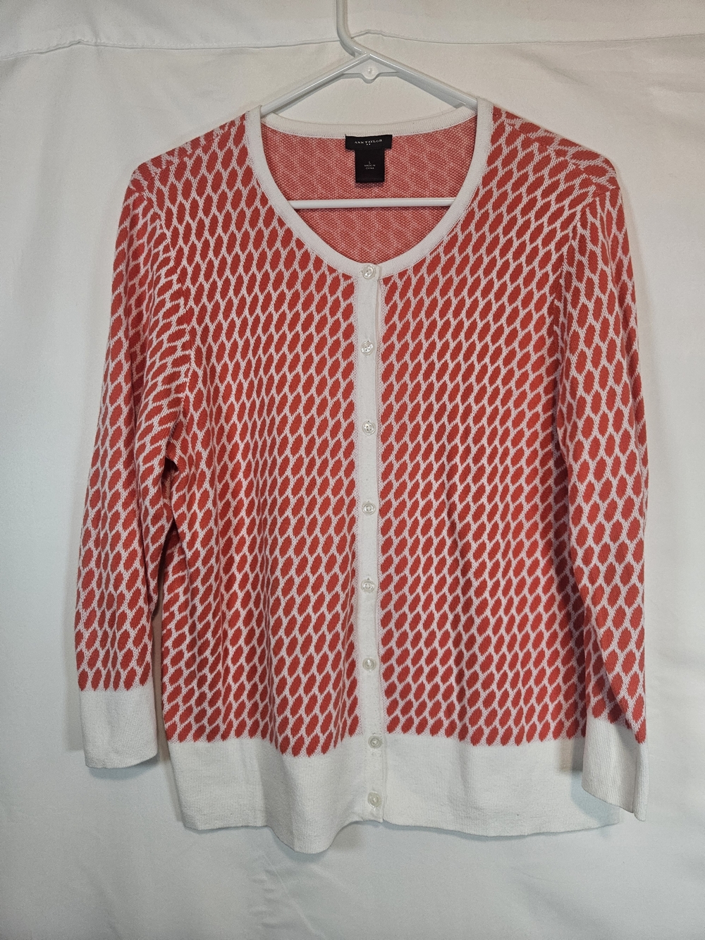 Ann Taylor Coral and White Patterned Button-Front Cardigan